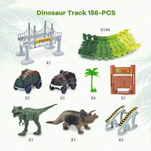156pc Dinosaur World Road Race,Flexible Track Playset and 2 pcs Cool Dinosaur car