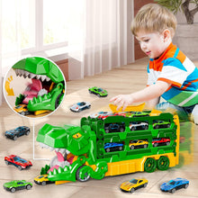 Load image into Gallery viewer, DinoSwallow Transporter Truck: 2-in-1 Race Track &amp; Car-Eating Dinosaur Hauler