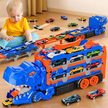Load image into Gallery viewer, DinoSwallow Transporter Truck: 2-in-1 Race Track &amp; Car-Eating Dinosaur Hauler