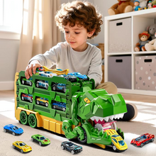 Load image into Gallery viewer, DinoSwallow Transporter Truck: 2-in-1 Race Track &amp; Car-Eating Dinosaur Hauler